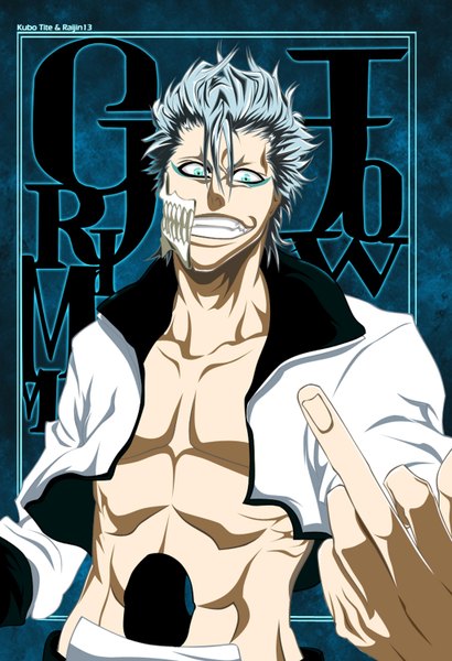 Anime picture 1024x1496 with bleach studio pierrot grimmjow jeagerjaques raijin13 single tall image short hair smile silver hair japanese clothes aqua eyes grin coloring muscle espada boy kimono mask