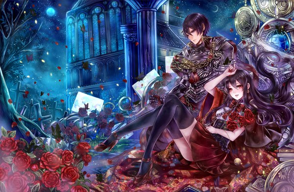 Anime picture 1531x1000 with original haruci long hair looking at viewer short hair black hair red eyes night girl thighhighs dress boy flower (flowers) black thighhighs petals armor rose (roses)