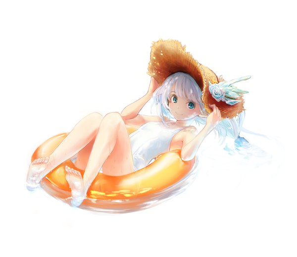 Anime picture 900x779 with uro (uro zi) single long hair fringe blue eyes smile white background bare shoulders holding blue hair bent knee (knees) white hair barefoot sunlight bare legs no shoes afloat girl flower (flowers) swimsuit