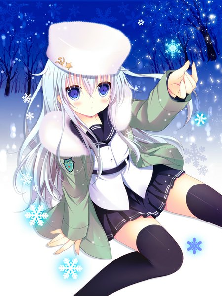 Anime picture 750x1000 with kantai collection hibiki destroyer verniy destroyer shirogane hina single long hair tall image looking at viewer blush blue eyes white hair arm support snowing winter snow hammer and sickle girl thighhighs skirt black thighhighs