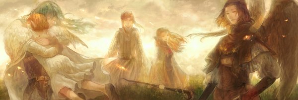 Anime picture 2600x883 with original pixiv fantasia chibi (shimon) long hair highres blonde hair smile brown hair wide image green eyes eyes closed hug tears group elf dress plant (plants) wings grass staff