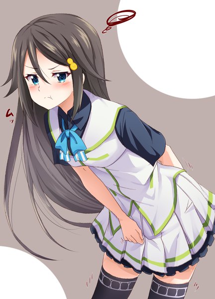 Anime picture 738x1024 with musaigen no phantom world izumi reina bassa single long hair tall image looking at viewer blush fringe simple background hair between eyes pleated skirt aqua eyes grey hair grey background leaning leaning forward :t girl thighhighs