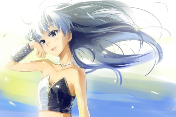 Anime picture 1200x800 with idolmaster kisaragi chihaya andou shuuki single long hair blue eyes bare shoulders blue hair girl petals pendant