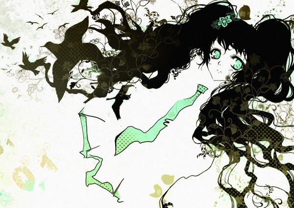 Anime picture 1200x849 with vocaloid hatsune miku kaminary long hair black hair twintails green eyes hair flower floral print abstract girl hair ornament animal necktie bird (birds)