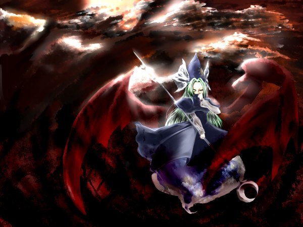 Anime picture 1200x900 with touhou mima green eyes sky green hair bat wings girl hat