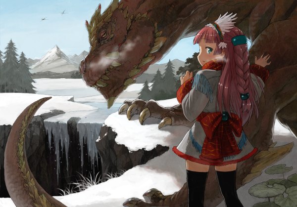 Anime picture 1200x838 with original shirane taito (artist) single long hair pink hair braid (braids) profile looking back aqua eyes winter snow exhalation fantasy girl thighhighs hair ornament dragon winter clothes