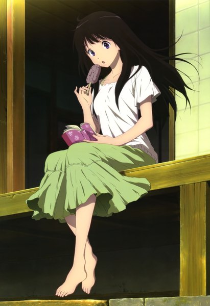 Anime picture 4085x5951 with hyouka kyoto animation nyantype chitanda eru single long hair tall image highres black hair sitting purple eyes absurdres barefoot official art girl dress food sweets ice cream