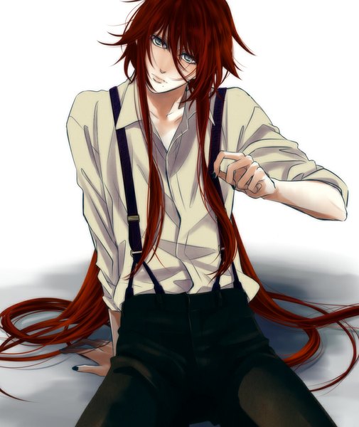 Anime picture 800x950 with kamigami no asobi brains base (studio) loki laevatin tenpurav single tall image looking at viewer fringe simple background hair between eyes white background sitting red hair very long hair nail polish head tilt mole arm support grey eyes adjusting clothes