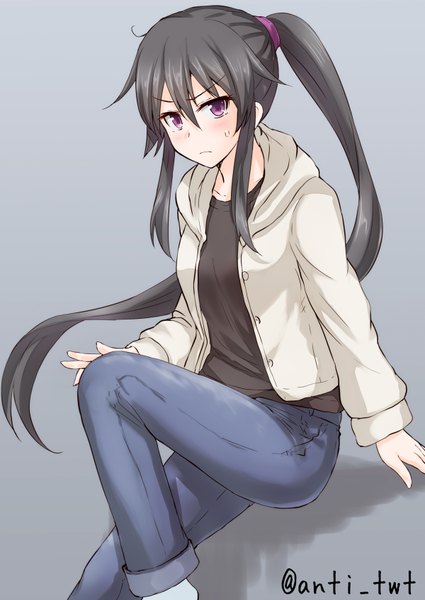 Anime picture 1200x1694 with kantai collection yahagi light cruiser anti (0324) single long hair tall image looking at viewer blush black hair simple background purple eyes signed bent knee (knees) ponytail grey background open jacket girl jacket scrunchie hair tie
