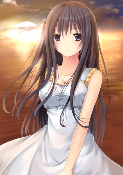 Anime picture 848x1200 with original toshi (1-147) single long hair tall image looking at viewer blush black hair bare shoulders sky cloud (clouds) black eyes evening sunset girl dress sea sundress