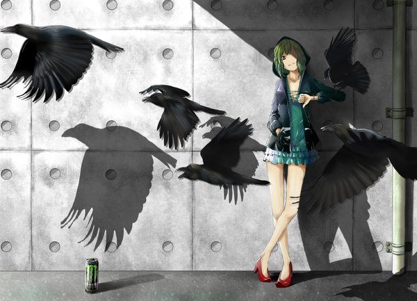 Anime picture 1832x1324 with vocaloid gumi single highres short hair smile standing brown eyes green hair bare legs shadow girl dress animal jacket bird (birds) hood crow