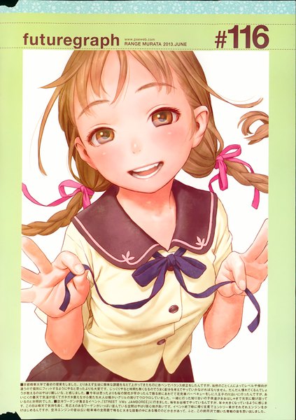 Anime picture 1305x1850 with futuregraph range murata single long hair tall image looking at viewer blush open mouth smile brown hair twintails brown eyes scan teeth loli girl skirt uniform bow hair bow
