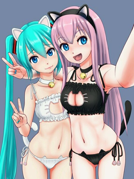 Anime picture 601x801 with vocaloid hatsune miku megurine luka o-minato long hair tall image looking at viewer blush fringe breasts open mouth blue eyes light erotic simple background smile hair between eyes large breasts twintails multiple girls animal ears