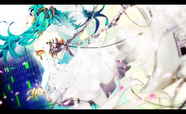 Anime picture 1500x919 with vocaloid hatsune miku akiakane long hair open mouth wide image twintails aqua eyes aqua hair back girl dress thigh boots wire (wires) android