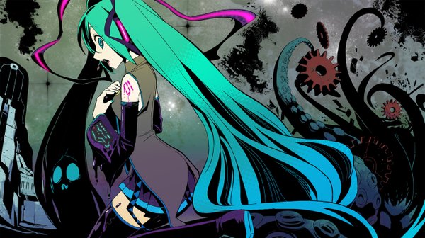 Anime picture 1400x786 with vocaloid hatsune miku maxgonta (artist) open mouth wide image twintails very long hair nail polish aqua eyes aqua hair girl skirt detached sleeves miniskirt tentacles gears lovecraft