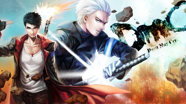 Anime picture 1920x1080 with devil may cry dante (devil may cry) vergil bbbox (hotpppink) looking at viewer highres short hair blue eyes black hair wide image standing white hair inscription open clothes open jacket boy gloves weapon sword choker