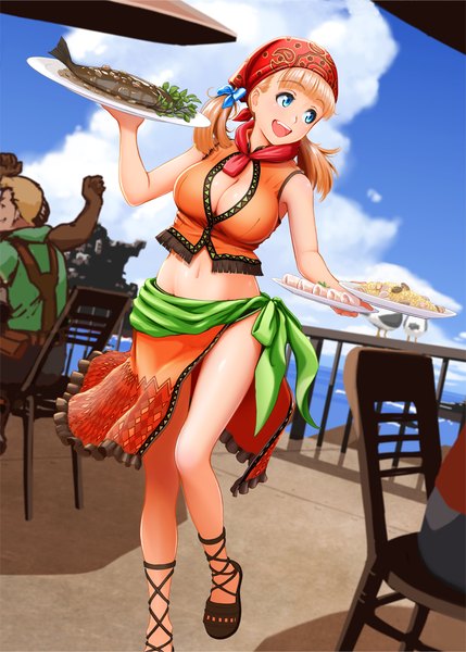 Anime picture 757x1058 with original nanahime (aoi) long hair tall image breasts open mouth blue eyes blonde hair twintails cloud (clouds) midriff girl navel food sandals tray