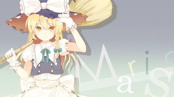 Anime picture 1920x1080 with touhou kirisame marisa 6u (eternal land) single long hair looking at viewer highres blonde hair wide image yellow eyes wallpaper witch girl dress gloves bow witch hat broom