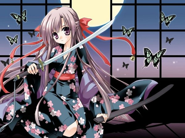 Anime picture 1024x768 with original minase lin bikixnn lin minase single long hair blush brown hair purple eyes japanese clothes kneeling half updo girl ribbon (ribbons) hair ribbon sword kimono katana insect butterfly