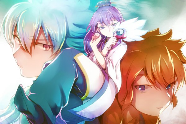 Anime picture 1000x666 with inazuma eleven inazuma eleven go hakuryuu (inazuma eleven) amemiya taiyou zhuge kongming (inazuma eleven) konbu wakame looking at viewer short hair smile brown hair purple eyes blue hair purple hair multiple boys group girl boy hair ornament hairclip 2 boys