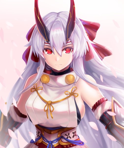 Anime picture 853x1014 with fate (series) fate/grand order tomoe gozen (fate) kurobuchi numama single long hair tall image looking at viewer fringe breasts simple background hair between eyes red eyes standing bare shoulders silver hair upper body horn (horns) sideboob slit pupils