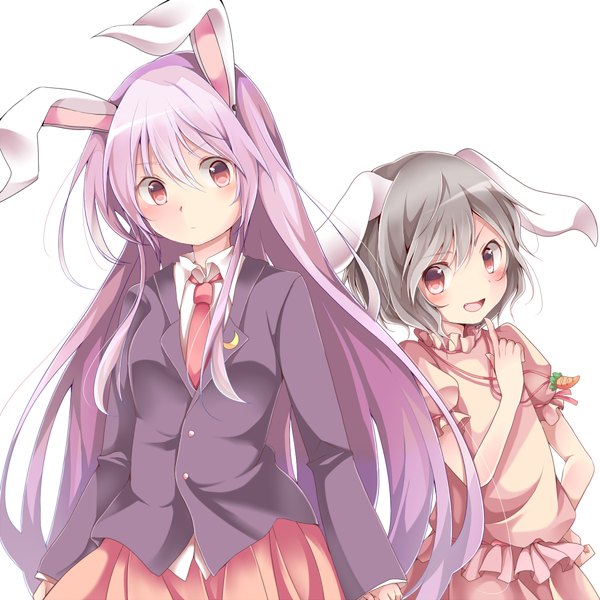 Anime picture 900x900 with touhou reisen udongein inaba inaba tewi chikuwa savi long hair blush fringe short hair open mouth simple background smile hair between eyes red eyes white background multiple girls payot looking away purple hair grey hair fang (fangs)