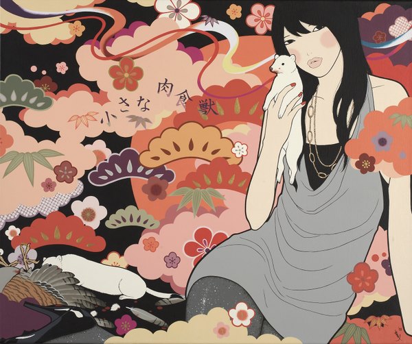 Anime picture 1500x1256 with original yumiko kayukawa long hair black hair sitting holding cloud (clouds) upside down girl flower (flowers) animal bird (birds) pendant blood feather (feathers) sun