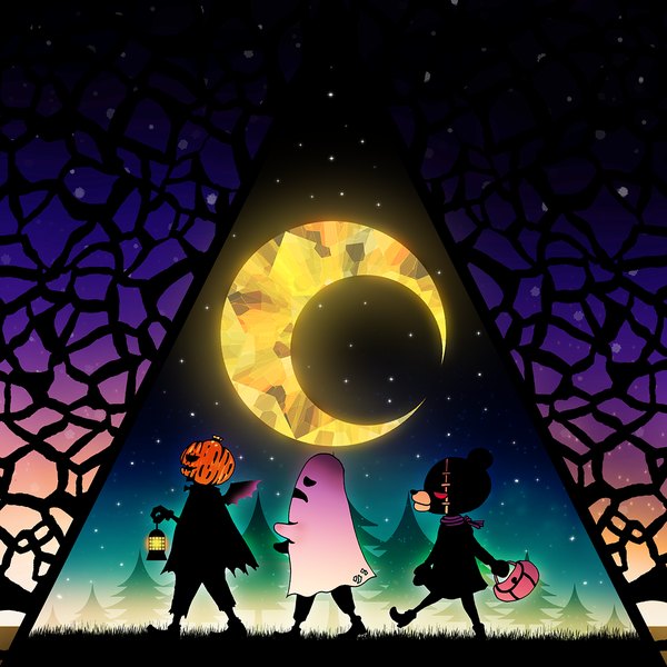 Anime picture 1200x1200 with original harada miyuki holding profile halloween black wings walking crescent trick or treat trio dress wings moon star (stars) cape bag lamp vegetables pumpkin halloween costume