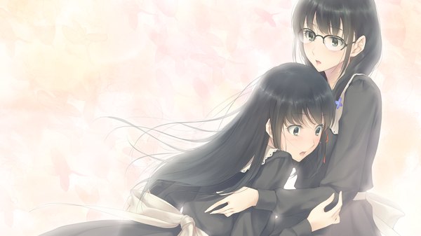 Anime picture 1280x720 with flowers (innocent grey) innocent grey shirahane suou rikka hanabishi long hair blush open mouth black hair wide image multiple girls game cg black eyes shoujo ai girl dress uniform 2 girls school uniform petals glasses