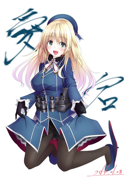 Anime picture 1748x2480 with kantai collection atago heavy cruiser single long hair tall image blush highres open mouth blue eyes blonde hair simple background white background girl dress gloves beret