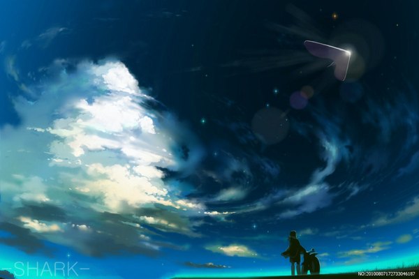 Anime picture 1024x684 with original kajimiya (kaji) short hair standing sky cloud (clouds) wind from behind inscription back flying landscape glow star (stars) motorcycle ufo