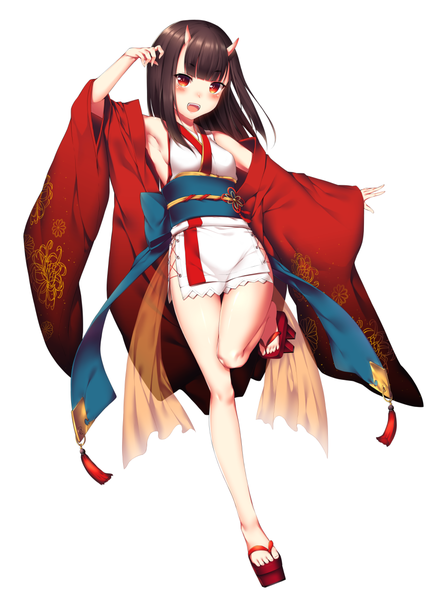 Anime picture 871x1199 with original yomono single long hair tall image looking at viewer blush fringe breasts open mouth light erotic simple background red eyes brown hair standing white background bare shoulders full body bent knee (knees) blunt bangs