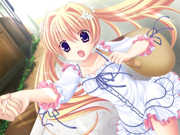 Anime picture 1024x768 with marguerite sphere konohana matsuri yuyi long hair open mouth blonde hair purple eyes twintails looking away game cg holding hands solo focus girl dress white dress bag