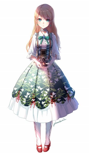 Anime picture 1500x2600 with original phantania single long hair tall image looking at viewer blush fringe simple background blonde hair standing white background holding signed full body aqua eyes mole mole under eye lolita fashion girl