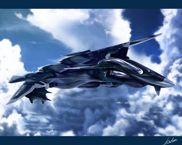 Anime picture 1280x1024 with sentou yousei yukikaze ffr-41mr kawanakajima signed sky cloud (clouds) letterboxed flying no people aircraft airplane jet