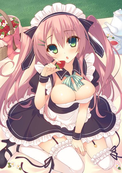 Anime picture 1447x2046 with original miko (royal milk) single long hair tall image looking at viewer blush fringe breasts open mouth light erotic sitting twintails green eyes pink hair from above maid wariza girl thighhighs