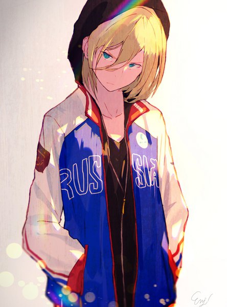 Anime picture 851x1149 with yuri!!! on ice mappa yuri plisetsky enj! single tall image looking at viewer fringe short hair blue eyes simple background blonde hair hair between eyes signed upper body head tilt open jacket hands in pockets boy jacket