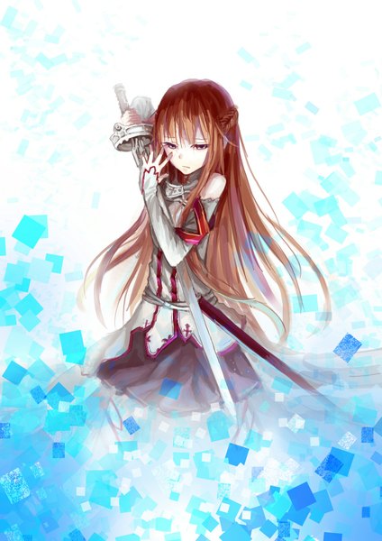 Anime picture 1240x1754 with sword art online a-1 pictures yuuki asuna tuzki single long hair tall image fringe brown hair standing brown eyes girl weapon detached sleeves sword