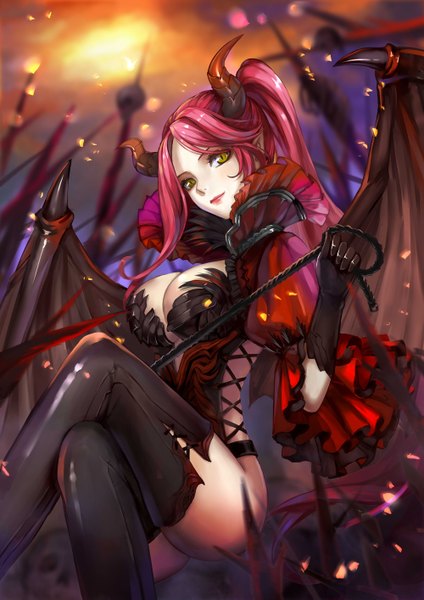 Anime picture 1000x1414 with original monogo single long hair tall image looking at viewer breasts light erotic smile large breasts sitting yellow eyes cleavage ponytail red hair horn (horns) lips pointy ears lipstick crossed legs