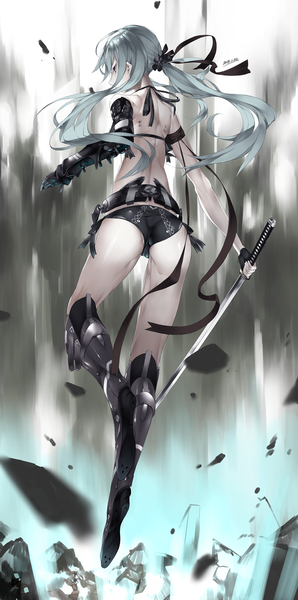 Anime picture 1085x2181 with original rayvon single long hair tall image light erotic holding looking away full body profile aqua eyes from behind aqua hair dated cameltoe destruction mechanical mechanical arms girl gloves
