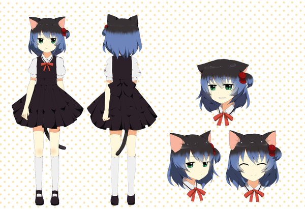 Anime picture 2600x1785 with utau ryone yami saru to yami highres short hair green eyes animal ears blue hair eyes closed multicolored hair cat ears cat girl cat tail polka dot polka dot background girl dress socks white socks