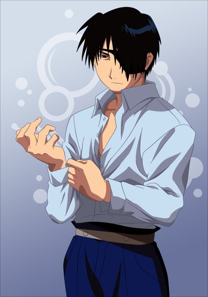 Anime picture 2200x3139 with fullmetal alchemist studio bones roy mustang morrow single tall image fringe highres short hair black hair simple background black eyes hair over one eye open clothes open shirt vector adjusting clothes boy belt eyepatch