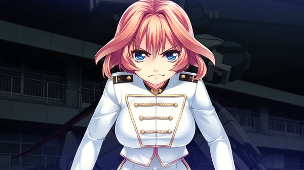 Anime picture 1280x720 with gun knight girl munakata mashiro sumeragi kohaku short hair blue eyes wide image pink hair game cg girl uniform military uniform