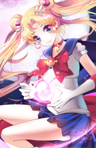 Anime picture 647x1000 with bishoujo senshi sailor moon toei animation tsukino usagi sailor moon squchan single long hair tall image looking at viewer blush fringe breasts blue eyes blonde hair smile twintails bent knee (knees) pleated skirt night magic