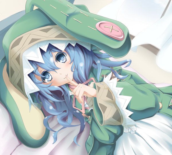 Anime picture 1000x900 with date a live yoshino (date a live) matamataro single long hair blush blue eyes smile blue hair loli girl dress hood