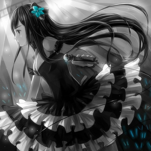 Anime picture 800x800 with idolmaster idolmaster cinderella girls shibuya rin nomiya (no 38) single long hair fringe breasts bare shoulders holding cleavage profile hair flower wind sunlight short sleeves monochrome sunbeam frilly skirt spot color