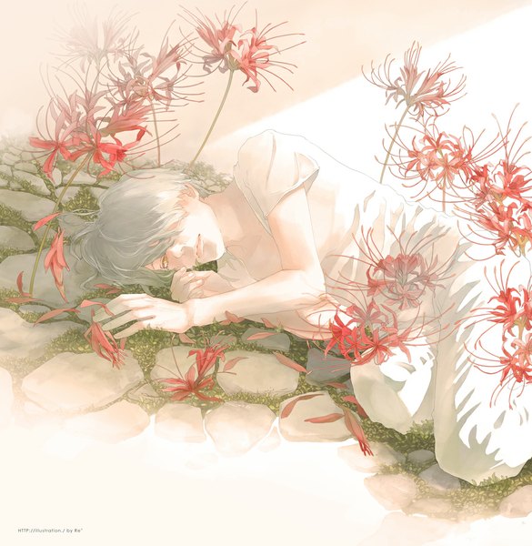 Anime picture 1071x1098 with original re (artist) single tall image looking at viewer fringe short hair yellow eyes bent knee (knees) lying lips grey hair sunlight hair over one eye shadow boy flower (flowers) plant (plants) petals grass