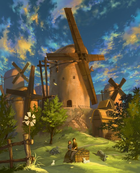 Anime picture 1360x1679 with kajimiya (kaji) tall image highres sky cloud (clouds) wind scenic girl boy plant (plants) animal tree (trees) fan house windmill