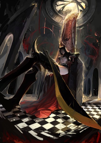 Anime picture 2480x3507 with black rock shooter black gold saw spices long hair tall image looking at viewer fringe highres breasts open mouth light erotic black hair red eyes sitting one eye closed horn (horns) wink from below crossed legs checkered floor