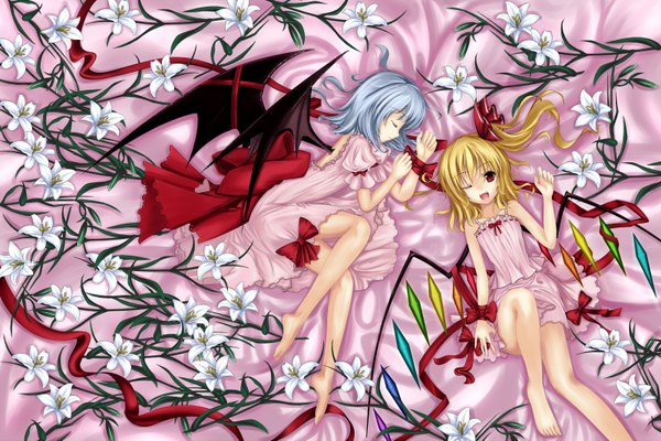 Anime picture 1600x1069 with touhou flandre scarlet remilia scarlet cloudy.r short hair open mouth blonde hair red eyes multiple girls blue hair one eye closed wink girl flower (flowers) ribbon (ribbons) 2 girls wings lily (flower)